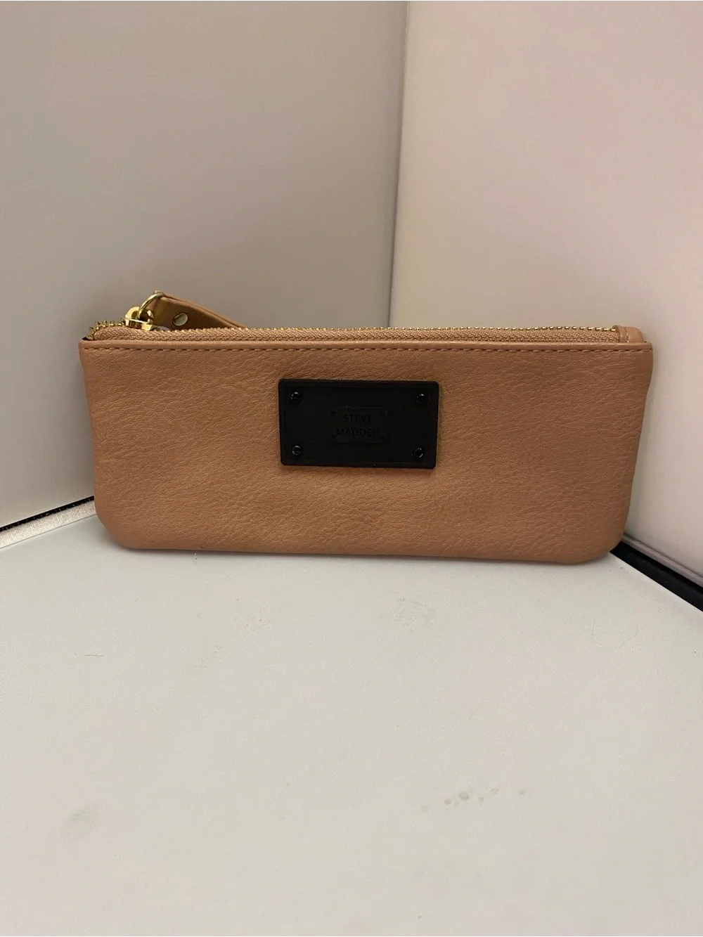 Steve Madden Beige Zip-Top Cosmetic Wristlet with Gold Hardware